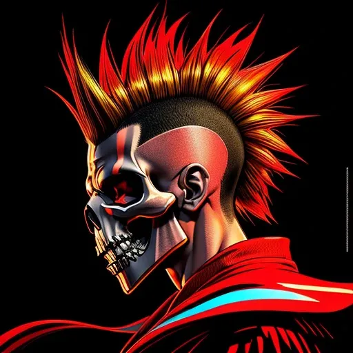 official art, unity 8k wallpaper, ultra detailed, vector art, aesthetically pleasing, High quality, masterpiece, best quality, Punk skull with red mohawk, side view, (((1man))), looking left, open mouth, detailed teeth, empty eye sockets, black and red gra...