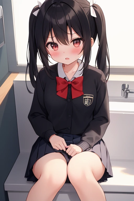 (( masterpiece, highest quality))), (girl),、NSFW、、at close range:1.5、Cum on hands、、10 years old、、cute、black hair、medium hair、twin tails、、（Black School Uniform:1.8、small breasts:2.0)、angry look、anger、acme、My pussy feels good、((close)), ((flushed)),,,Sweat、p...