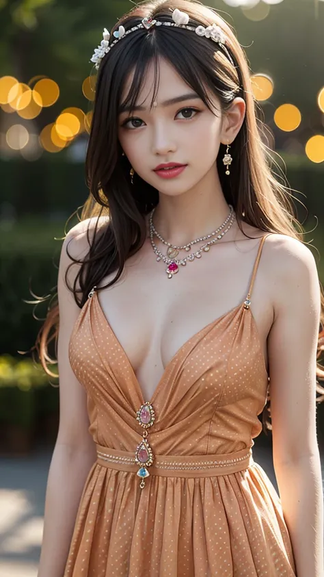 best quality, masterpiece, 1girl, (polka dot dress), orange dress, hair ornament, necklace, (jewellery:1.8), Beautiful face, small breasts, tyndall effect, photorealistic, rim lighting, two tone lighting, (high detailed skin:1.2), dslr, (spreading light:1....