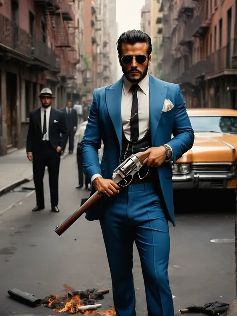 crie a imagem de um belo homem italiano, Good looking, elegante, brutal, feroz, intimidador, dress in the style of the Italian mafia, tirando a camisa, tem tatuagens, standing holding a gun, fumando um cigarro. there&#39;s a mafia corpse on the ground in f...