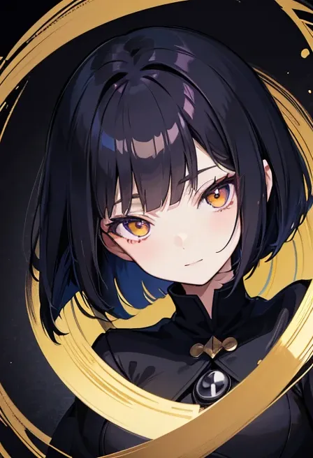 Witchs outfit, Anime-style portrait of a girl with a deep violet bob cut, {Golden eyes}, bright eyes, baby-faced, eye contact with the camera, subtle smile, {having Deathscythe}, minimalistic background to emphasize character, high contrast, clean lines, d...