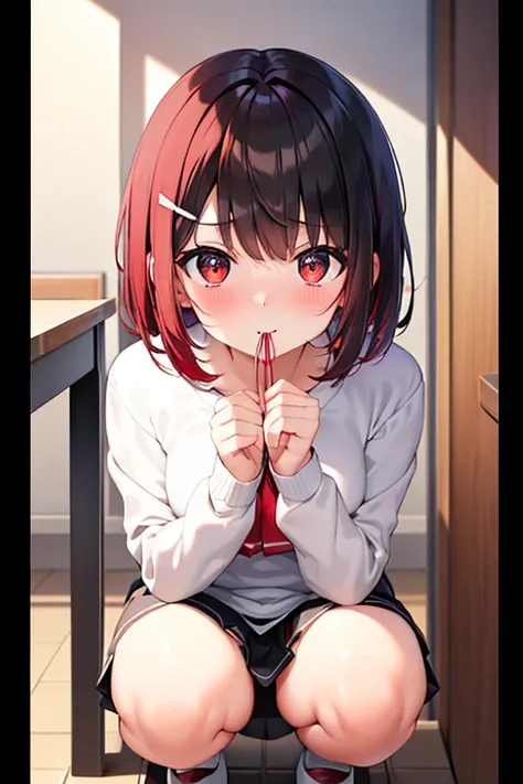 masterpiece、Highest image quality、ultra high resolution、Medium-sized elementary school girl、red and large eyes,、black short hair、The hair inside is colored、(Two red hairpins)、red face、shyly、excited、squat、(put penis in mouth)