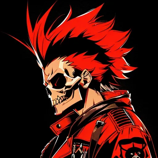 official art, unity 8k wallpaper, ultra detailed, vector art, aesthetically pleasing, High quality, masterpiece, best quality, male punk skull with red mohawk, side view, (((1man))), looking left, open mouth, detailed teeth, empty eye sockets, black and re...