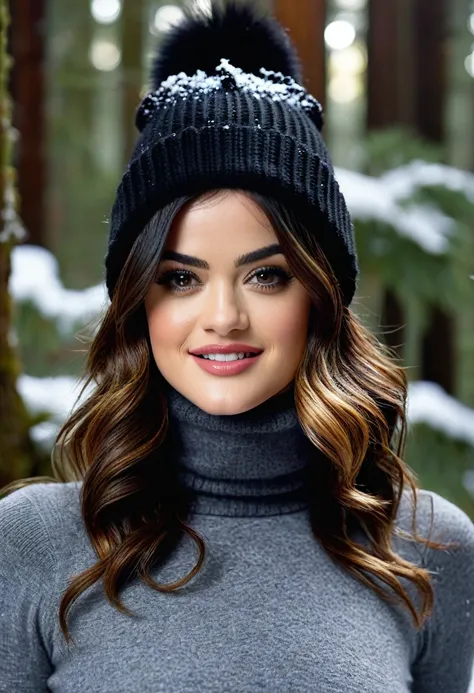 Lucy Hale, gorgeous woman, long wavy hair, wearing a tight wool turtleneck sweater, a bonnet on the head, tight pants, 30 years old, she is a playboy magazine model, sexy poses in snowy forest, ruffled lips, flirtatious smile, happiness, canon 85 mm, Light...