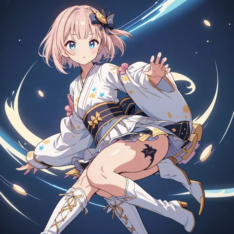 sitting on the crescent moon、A spaceship with a cute rabbit face、Star Fairy、(((1girl)))、lower body shot、Focus on boots、vtuber-halfbody、Star Fairy、「A beautifully printed galaxy patterned kimono and gothic lolita outfit.、Space pattern box pleated mini skirt ...