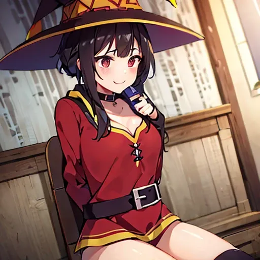 ((masterpiece)), (Best quality:1.7), (detailed:1.4), (A high resolution:1.4), 8 k, (colorful:1.5), 2D, A high resolutionolution, Sharp image, 4K, HD, Megumin_Konosuba, 1 girl, (((One))), ((black hair)), black stockings, Wow, witch hat, brown belt, Red eyes...