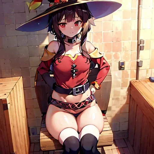 ((masterpiece)), (Best quality:1.7), (detailed:1.4), (A high resolution:1.4), 8 k, (colorful:1.5), 2D, A high resolutionolution, Sharp image, 4K, HD, Megumin_Konosuba, 1 girl, (((One))), ((black hair)), black stockings, Wow, witch hat, brown belt, Red eyes...