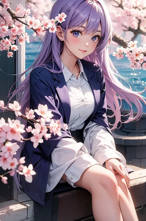 Pastel purple hair　Wavy Long Hair　long slit eyes　smile　navy blue blazer　Entrance ceremony　cherry blossoms
