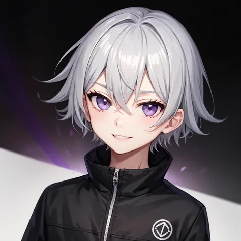 1boy, purple eyes, Gray hair, solo, (emote twitch: 1), chibi, cabelo preto, olhos castanhos, segurando joystick, sorrindo, parte superior do corpo, desenhos animados, fundo branco, adesivo, contornos pretos grossos,