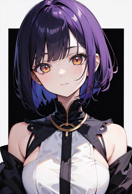 Witchs outfit, Anime-style portrait of a girl with a deep violet bob cut, {Golden eyes}, bright eyes, baby-faced, eye contact with the camera, subtle smile, minimalistic background to emphasize character, high contrast, clean lines, digital painting, vivid...