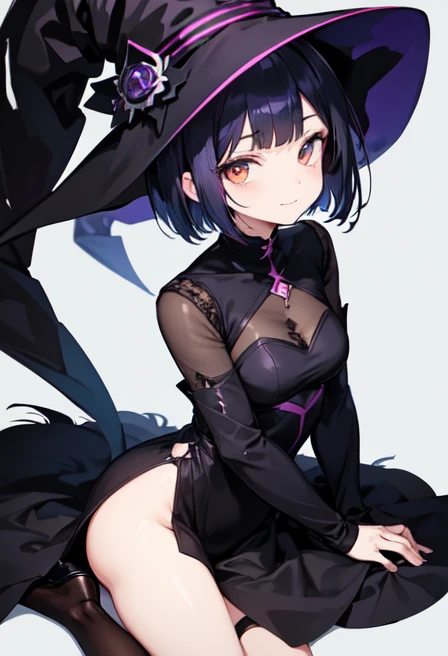 Witchs outfit, Anime-style portrait of a girl with a deep violet bob cut, {Golden eyes}, bright eyes, baby-faced, eye contact with the camera, subtle smile, minimalistic background to emphasize character, high contrast, clean lines, digital painting, vivid...