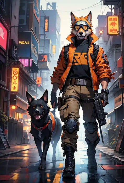 a dog gunslinger,dog head,bipedal walking,
one foot tall,tall small,
pilot-goggles,duster orange jacket,carries a super huge gun, ready for action in the cyberpunk metropolis,
beautiful lighting, volumetric lighting, dynamic angle,  (photographic portrait)...