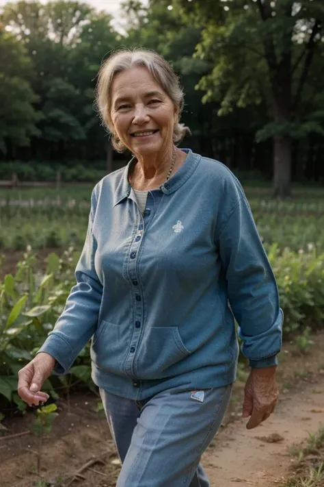 ((best quality)), ((masterpiece)), (detailed), perfect face elderly woman walking through her food plot while smiling at the camera 