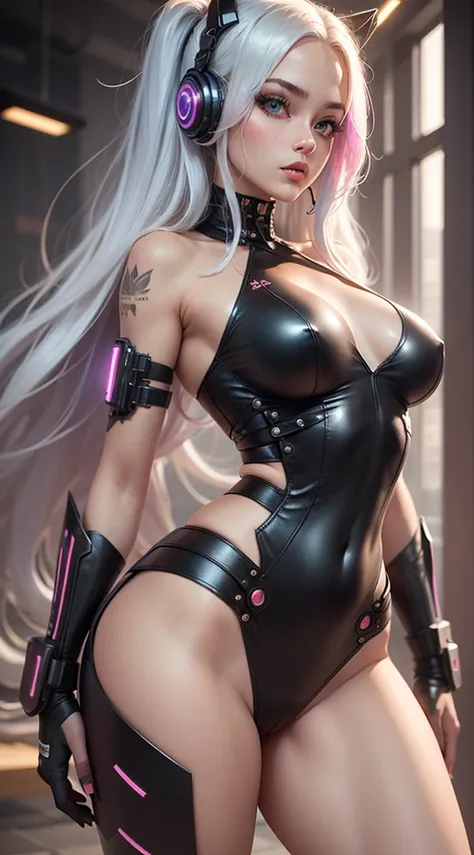 ((Best quality)), ((masterpiece)), (detailed: 1.4), 3D, cyberpunk, a beautiful woman with long white hair