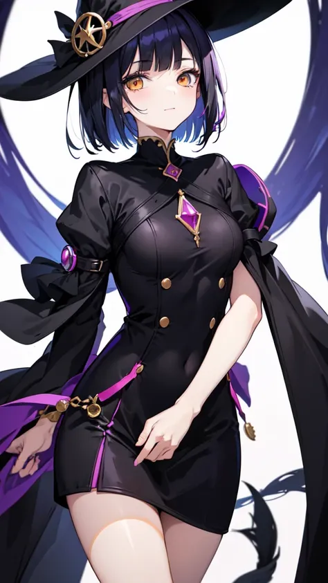 Witchs outfit, Anime-style portrait of a girl with a deep violet bob cut, {Golden eyes}, bright eyes, baby-faced, eye contact with the camera, subtle smile, minimalistic background to emphasize character, high contrast, clean lines, digital painting, vivid...