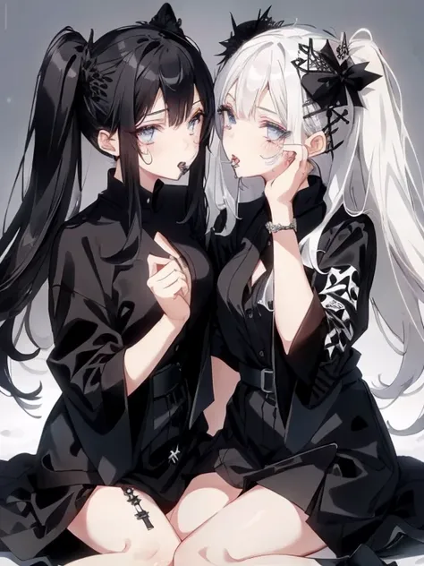 two women kisasterpiece, best quality, high quality, ultra detailed, 1girl, looking at viewer, white hair, gray eyes, black lips...