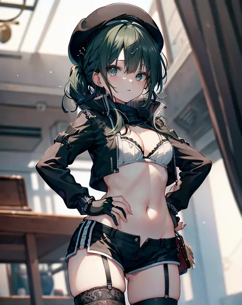 ubel,dark green hair,long hair,side ponytail,hair between eyes,bangs, BREAK (beret, black jacket, open clothes, cleavage, midriff, black shorts, black thighhighs, thigh strap, fingerless gloves, single glove:1.2) BREAK blurry background, BREAK pose, hand o...