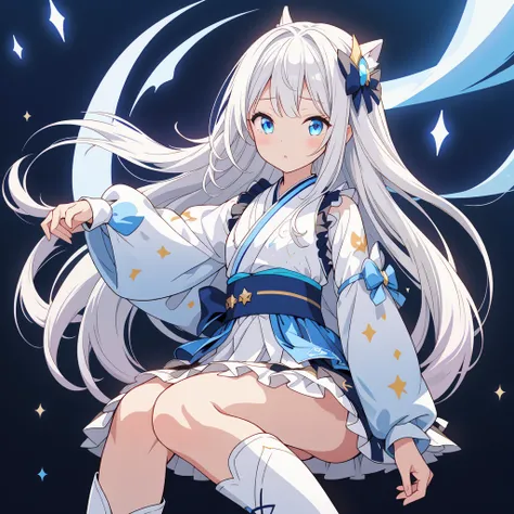 sitting on the crescent moon、A spaceship with a cute rabbit face、Star Fairy、(((1girl)))、lower body shot、Focus on boots、vtuber-halfbody、Star Fairy、「A beautifully printed galaxy patterned kimono and gothic lolita outfit.、Space pattern box pleated mini skirt ...