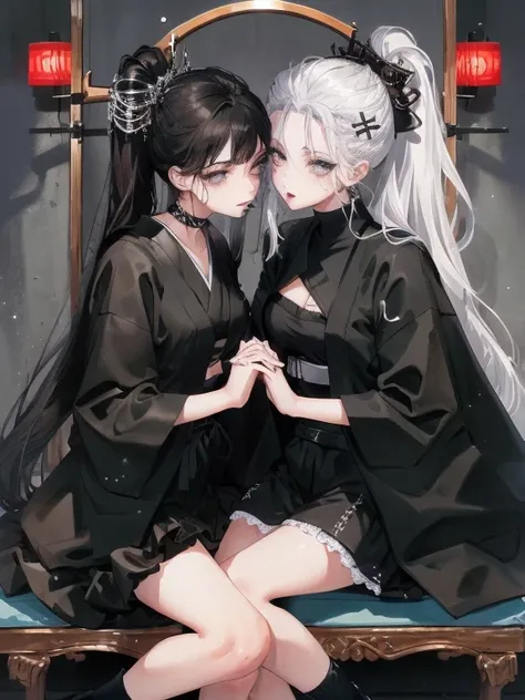 two women kisasterpiece, best quality, high quality, ultra detailed, 1girl, looking at viewer, white hair, gray eyes, black lips...