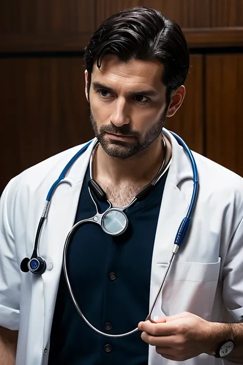 Create a hyper-realistic image of a dark-haired male doctor in an examination room, Highlight every detail of the face, Medical Clothing, Stethoscopes and other medical accessories.