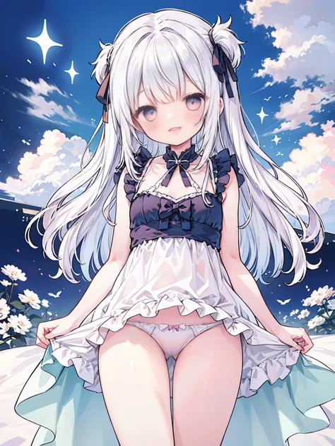 girl、short、big eyes、smile、ruffle underwear、lots of ribbons、voluminous frills、pastel colour、lame、shine、detailed、high resolution、