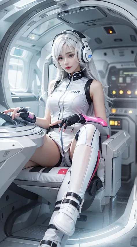 The enchanting woman raised her hand happily，Beautiful Women with Perfect Figure，Beautiful white skin，Beautiful eyes，Glossy lips，Lovely smile，White hair，Wear a bikini futuristic Lolita costume in white and black design，Headphones with functionality，Sitting...