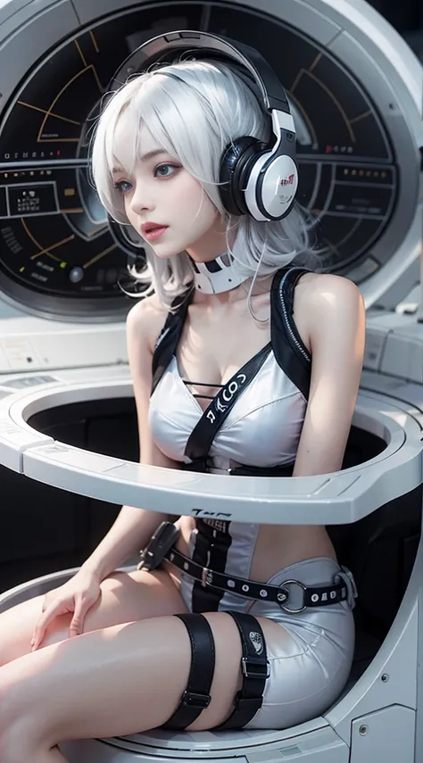 The enchanting woman raised her hand happily，Beautiful Women with Perfect Figure，Beautiful white skin，Beautiful eyes，Glossy lips，Lovely smile，White hair，Wear a bikini futuristic Lolita costume in white and black design，Headphones with functionality，Sitting...