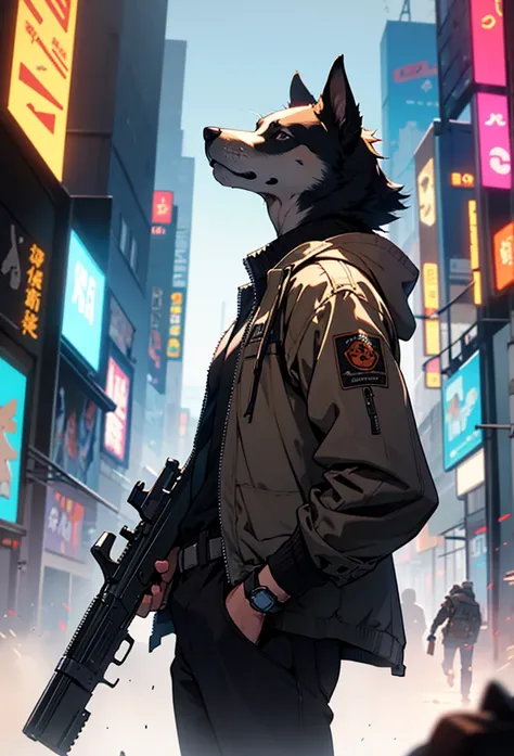 a bipedal dog,dog are gunslinger,((dog head)),tall small,
goggles,duster orange jacket,carries a super huge gun,  in the cyberpunk megalopolis,
beautiful lighting, volumetric lighting, dynamic angle,  (photographic portrait), sharp,