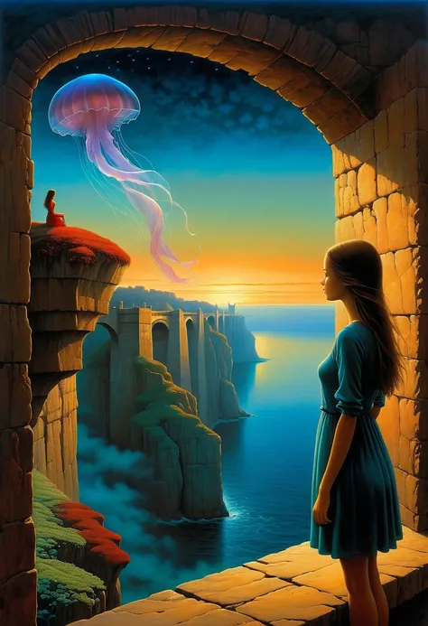 beautiful dark room，There is a big window, The scenery outside the window，Looking out from the window，Girl looking into the distance at the window，The Faceless Stone Woman on the Bridge，Handheld Light，Background with jellyfish, With the sky as a background...