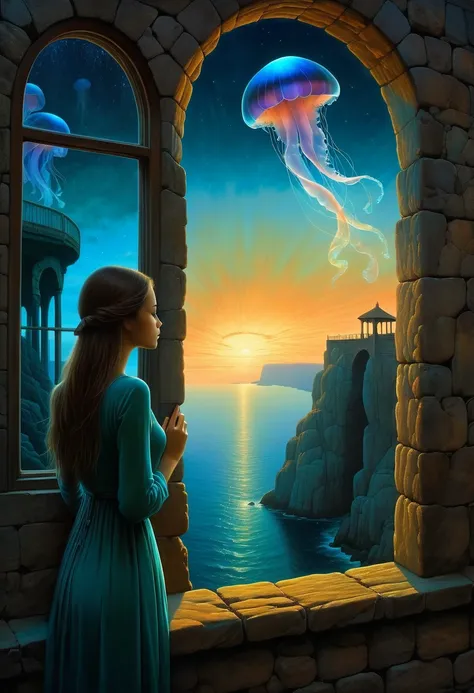 beautiful dark room，There is a big window, The scenery outside the window，Looking out from the window，Girl looking into the distance at the window，The Faceless Stone Woman on the Bridge，Handheld Light，Background with jellyfish, With the sky as a background...