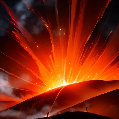 Volcanic eruption, ash cloud, molten lava, fire and brimstone, explosive, smoke billowing, fiery orange and red hues, dynamic, high contrast, detailed ash particles flying, dramatic perspective, intensity, intricate crater formation, lava flow, steam, suns...