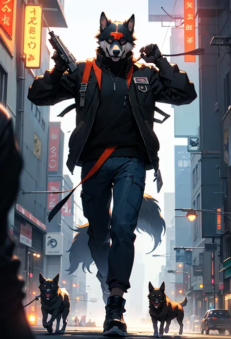 ((a bipedal walking dog)),(dog head),tall small,
pilot goggles,duster orange jacket,carries a super huge gun,  in the cyberpunk megalopolis,
beautiful lighting, volumetric lighting, dynamic angle,  (photographic portrait), sharp,