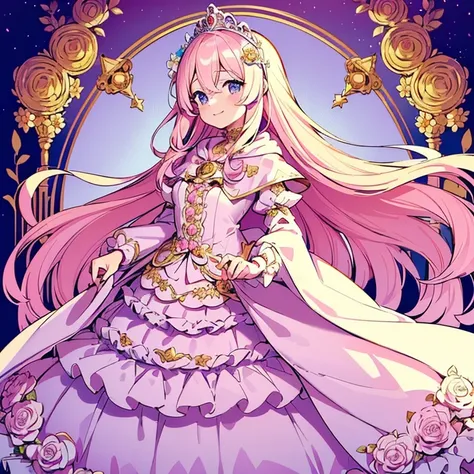 (kawaii),(best quality),(ultra detailed),(rococo style),(long train pastel pink cape:1.15), very long cape,(long train white ball gown with flower decorations:1.1), a girl is wearing a cape over her gown,(she has a western style fan:1.05), 1 little princes...