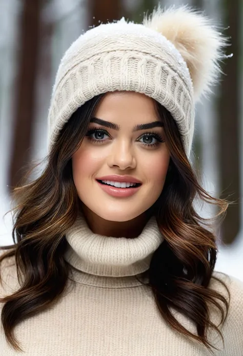 Lucy Hale, gorgeous woman, long wavy hair, wearing a tight wool turtleneck sweater, a bonnet on the head, short leather skirt, Ugg boots, 30 years old, she is a playboy magazine model, sexy poses in snowy forest, ruffled lips, flirtatious smile, happiness,...