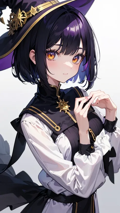 Witchs outfit, Anime-style portrait of a teen-ager girl with a deep violet bob cut, (Golden eyes), bright eyes, baby-faced, eye contact with the camera, subtle smile, minimalistic background to emphasize character, high contrast, clean lines, digital paint...