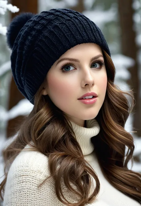 Anna Kendrick, gorgeous woman, long wavy hair, wearing a tight wool turtleneck sweater, a bonnet on the head, tight Freddy leggings, Ugg boots, 30 years old, she is a playboy magazine model, sexy poses in snowy forest, ruffled lips, flirtatious smile, happ...