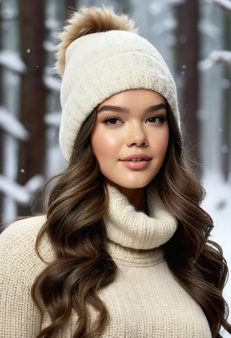 Hailee Steinfeld, gorgeous woman, long wavy hair, wearing a tight wool turtleneck sweater, a bonnet on the head, tight Freddy leggings, Ugg boots, 30 years old, she is a playboy magazine model, sexy poses in snowy forest, ruffled lips, flirtatious smile, h...