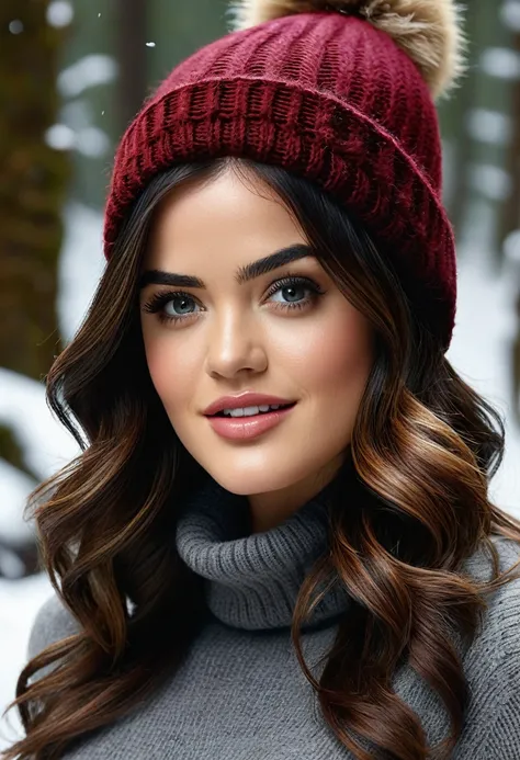 Lucy Hale, gorgeous woman, long wavy hair, wearing a tight wool turtleneck sweater, a bonnet on the head, tight Freddy leggings, Ugg boots, 30 years old, she is a playboy magazine model, sexy poses in snowy forest, ruffled lips, flirtatious smile, happines...