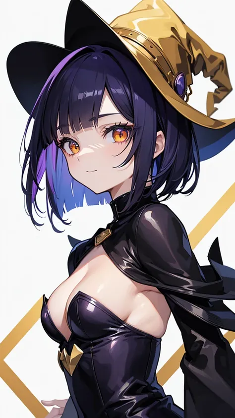 Witchs outfit, Anime-style portrait of a teen-ager girl with a deep violet bob cut, (Golden eyes), bright eyes, baby-faced, eye contact with the camera, subtle smile, minimalistic background to emphasize character, high contrast, clean lines, digital paint...