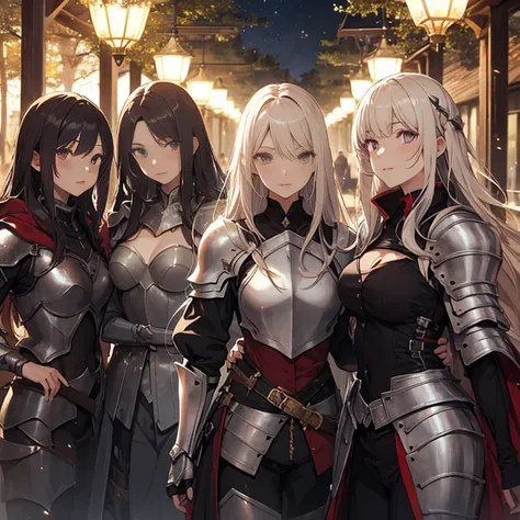 A group of  female knights, (in forest), various hair styles, harem, wearing armored clothes, metal armor, night, details face, trousers, seducing, sword,