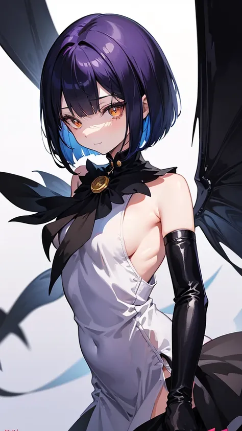 Witchs outfit, Anime-style portrait of a teen-ager girl with a deep violet bob cut, (Golden eyes), bright eyes, baby-faced, eye contact with the camera, subtle smile, minimalistic background to emphasize character, high contrast, clean lines, digital paint...