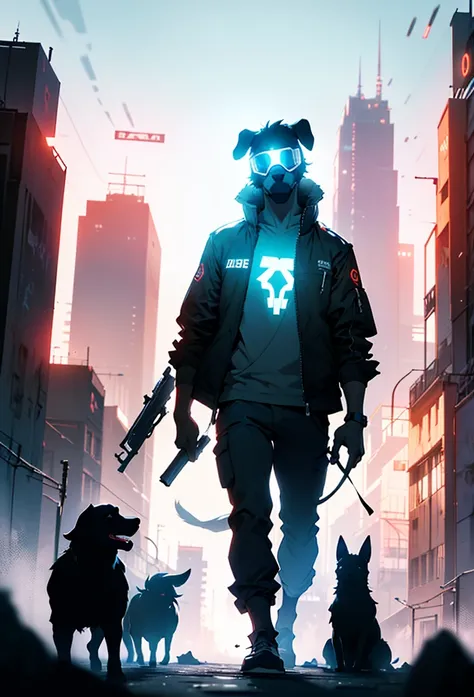 ((a bipedal walking dog)),(dog head),(double exposure silhouette: 1.2),tall small,
pilot goggles,wearing layered jacket,carries a super huge gun,  in the cyberpunk megalopolis,
beautiful lighting, volumetric lighting, dynamic angle,  (photographic portrait...