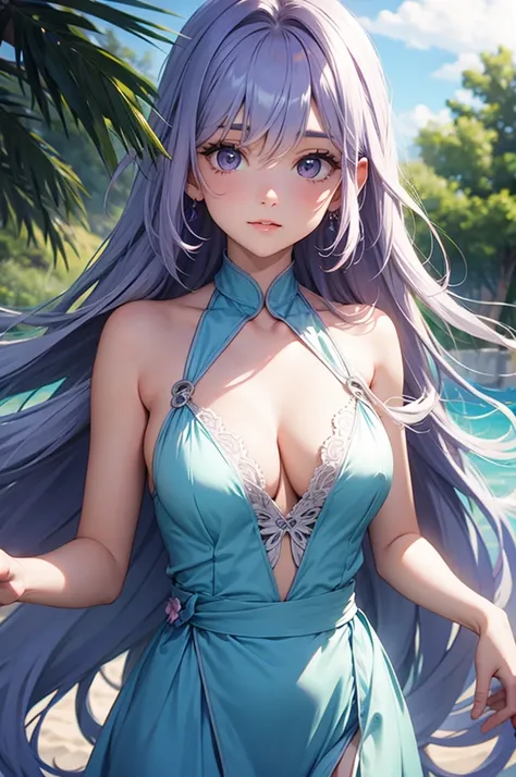 Pastel purple hair　Wavy Long Hair　long slit eyes　Beauty　blue sea　sunglasses on head