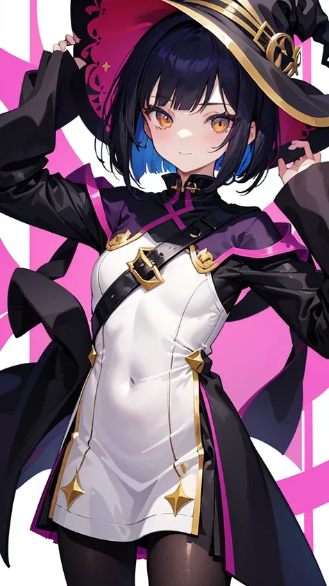 Witchs outfit, Anime-style portrait of a teen-ager girl with a deep violet bob cut, (Golden eyes), bright eyes, baby-faced, eye contact with the camera, subtle smile, minimalistic background to emphasize character, high contrast, clean lines, digital paint...