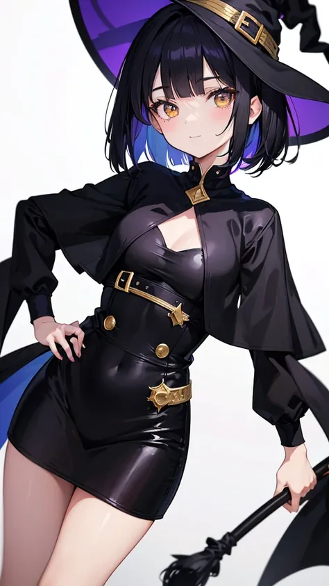 Witchs outfit, Anime-style portrait of a teen-ager girl with a deep violet bob cut, (Golden eyes), bright eyes, baby-faced, eye contact with the camera, subtle smile, minimalistic background to emphasize character, high contrast, clean lines, digital paint...