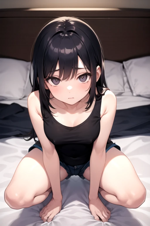 masterpiece, highest quality, 1 girl, 18-year-old、Tank top、shorts、on the bed、squat、upward glance、dreamy eyes、From above