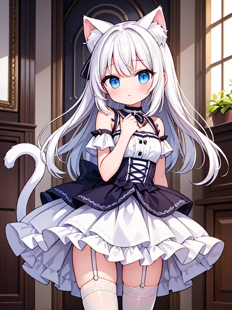 masterpiece, {{{{highest quality}}}}, beautiful,1 girl, white_hair, cat ear(white), cat tail(white), ruffle chalk、mini skirt_dre...