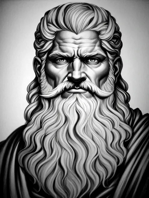 Realistic drawing, Charcoal Pencil, 4k, best quality, a drawing of a man with a beard and beard, angry god Zeus, portrait zeus, the god Zeus, painted portrait of robust Zeus, Portrait of Zeus, digital painting of Greek myth, portrait of Robust Zeus, the go...