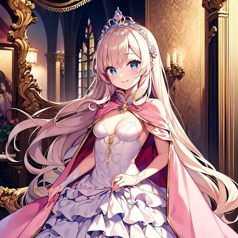 (kawaii),(best quality),(ultra detailed),(rococo style),(long train pastel pink cape:1.15), very long cape,(long train white ball gown with flower decorations:1.1), a girl is wearing a cape over her gown,(she has a western style fan:1.05), 1 little princes...