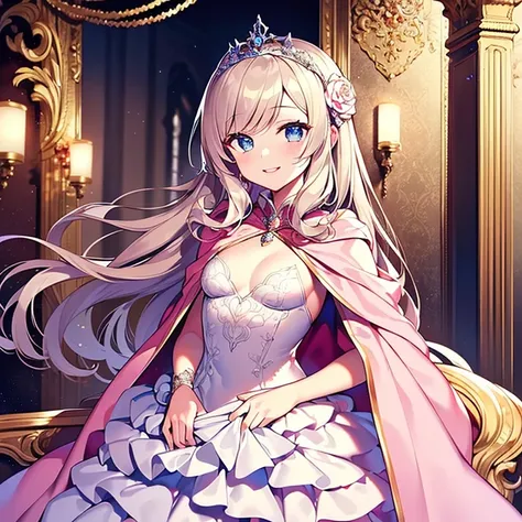 (kawaii),(best quality),(ultra detailed),(rococo style),(long train pastel pink cape:1.15), very long cape,(long train white ball gown with flower decorations:1.1), a girl is wearing a cape over her gown,(she has a western style fan:1.05), 1 little princes...